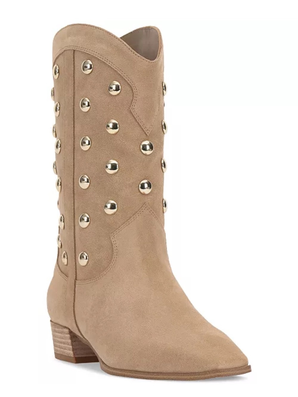 Vince Camuto Prilie Studded Suede Western Mid-Calf Boots Size 8 Taupe